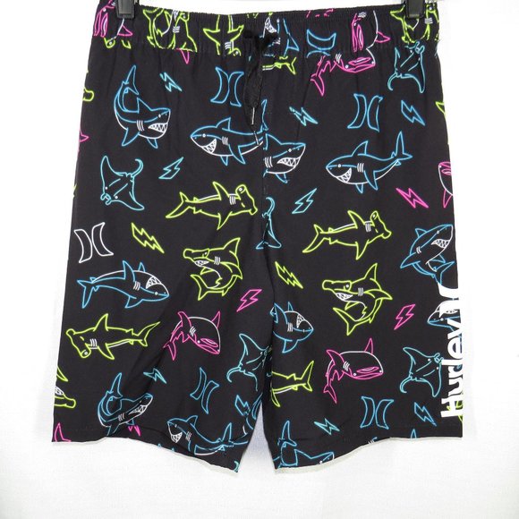 Hurley Black Multi Shark Print Swim Trunks, NEW, Size 14-16, 27"-36" Waist